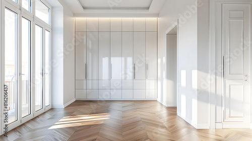Interior of empty spacious bedroom with white walls and laminated floor and built in wardrobe : Generative AI