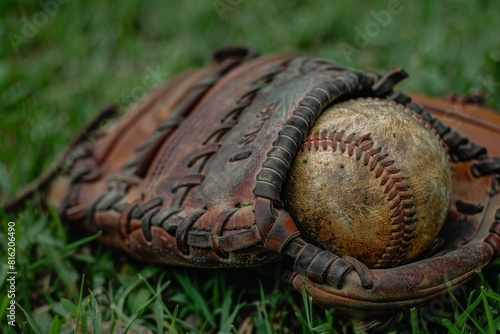 Detailed Close-Up of Worn Baseball Glove and Ball on Green Grass Field © spyrakot