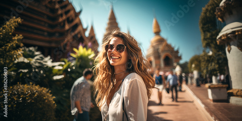 Feliz chica jóven turistas tomando fotos selfie para su blog de viajes en el horizonte de Bangkok,Thailand.
Viajes y aventuras por el mundo en Asia. photo