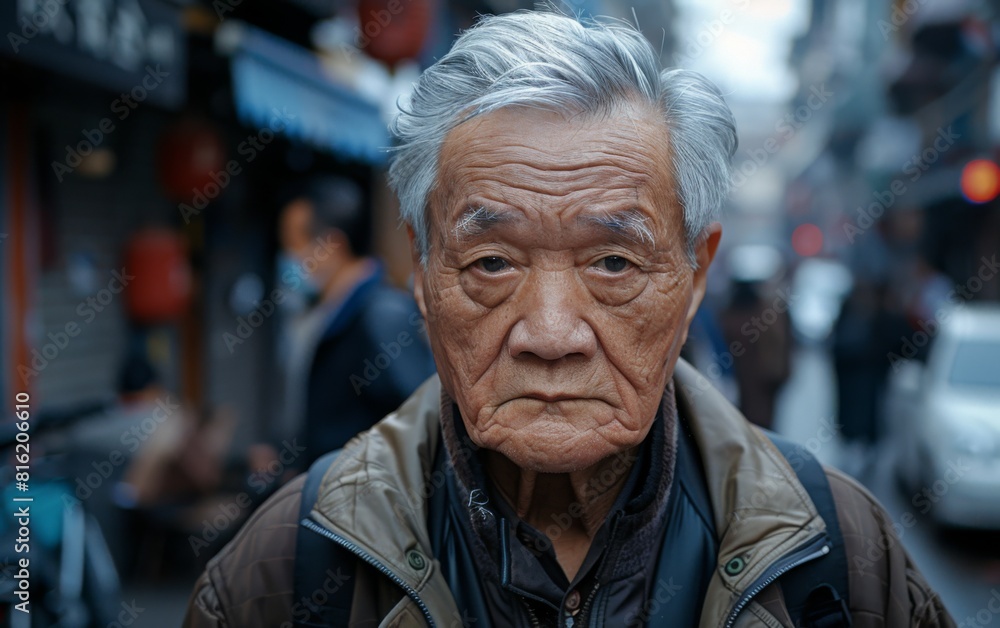 An elderly man stands in an urban environment, gazing directly at the camera An elderly man stands in an urban environment, gazing directly at the camera