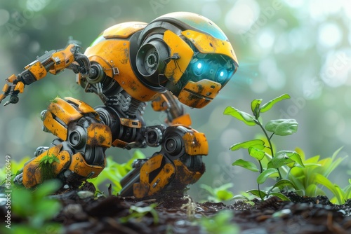 A small yellow robot is on a farm, surrounded by small plants. Studying plants. © ProPhotos
