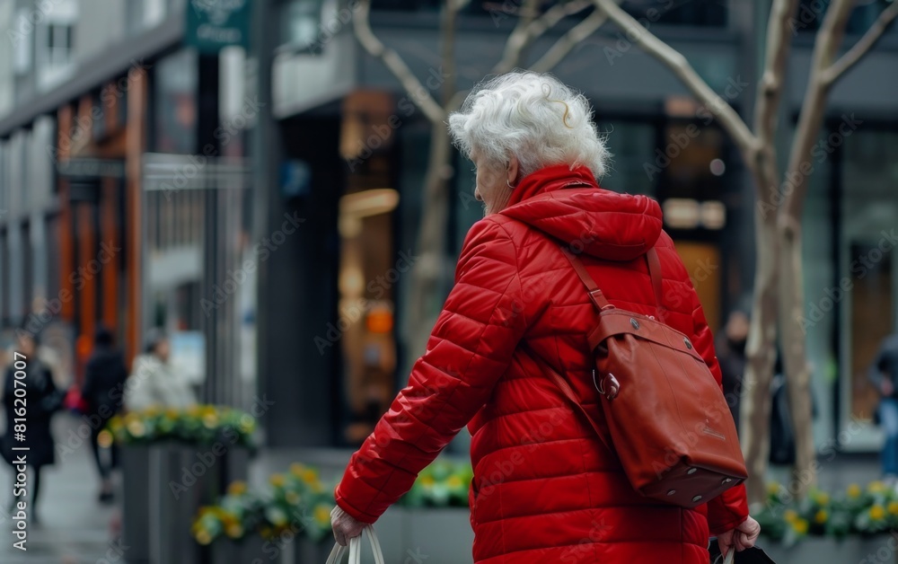 A woman wearing a red jacket is walking along a bustling city street