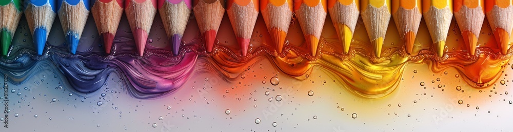 Vibrant Colored Pencils Creating a Dynamic Liquid Wave, Enhanced with Water Droplets on a Clean Background Vibrant Colored Pencils Creating a Dynamic Liquid Wave, Enhanced with Water Droplets on a Clean Background