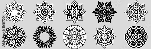 Handmade coloring book, doodling, zentangle, anti-stress. Black and white ethnic flowers, mandala. Unique templates in tribal style, ornaments of the East, Asia, India, Mexico, Aztec, Peru.