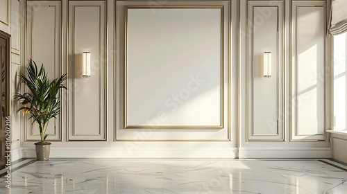 Bright empty room with marble floor and wall moldings. photo