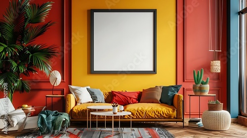 Bright living room interior with yellow sofa, red armchair and tropical plants photo