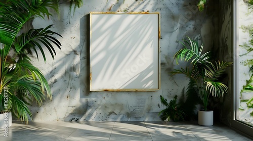 Blank photo frame on a concrete wall with tropical plants. photo