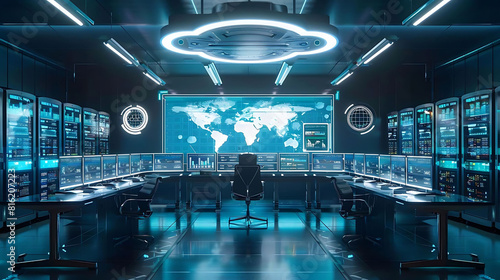 Futuristic control room interior with empty operator chairs.