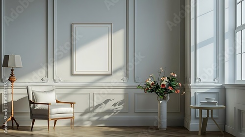 The photo shows a bright and airy room with a large window, a vase of flowers, and a comfortable armchair photo