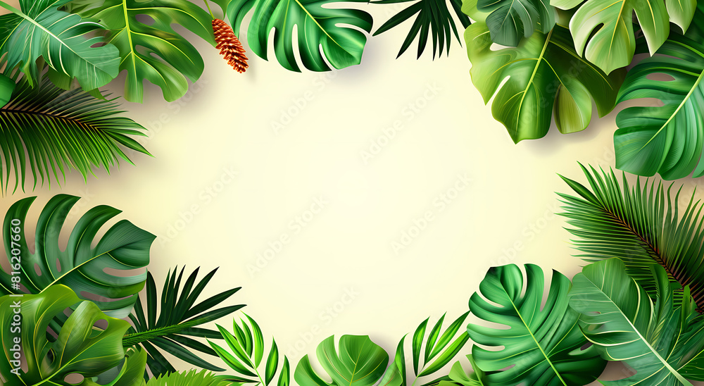 This image presents a vibrant, tropical aesthetics with a variety of lush green leaves framing a blank central space, perfect for text or product display This image presents a vibrant, tropical aesthetics with a variety of lush green leaves framing a blank central space, perfect for text or product display