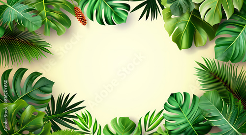 This image presents a vibrant  tropical aesthetics with a variety of lush green leaves framing a blank central space  perfect for text or product display