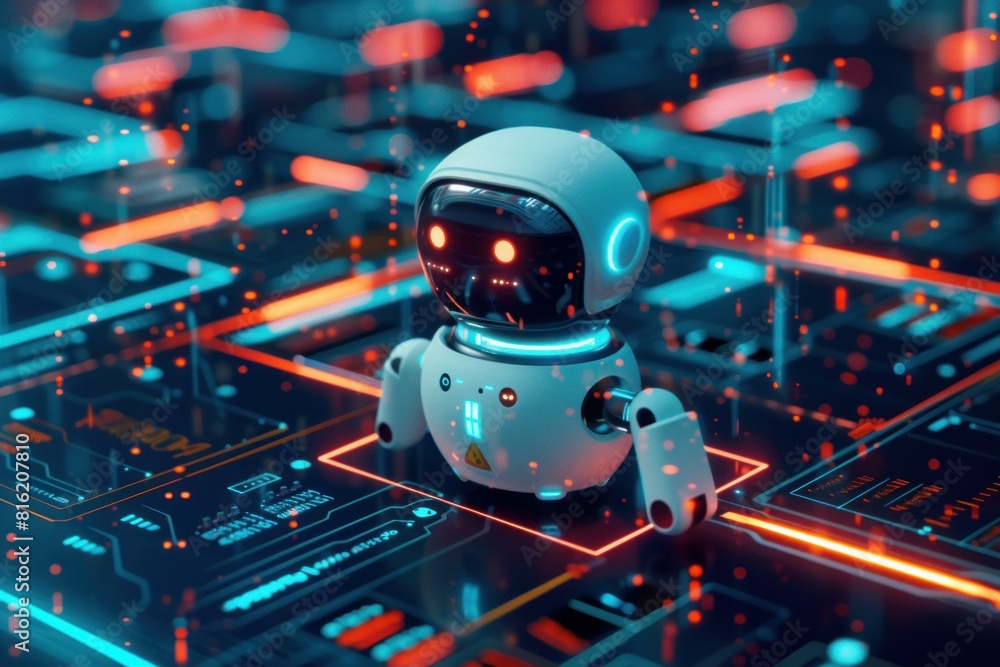 Fototapeta premium 3drendered image features a sleek, modern robot on an illuminated circuit board