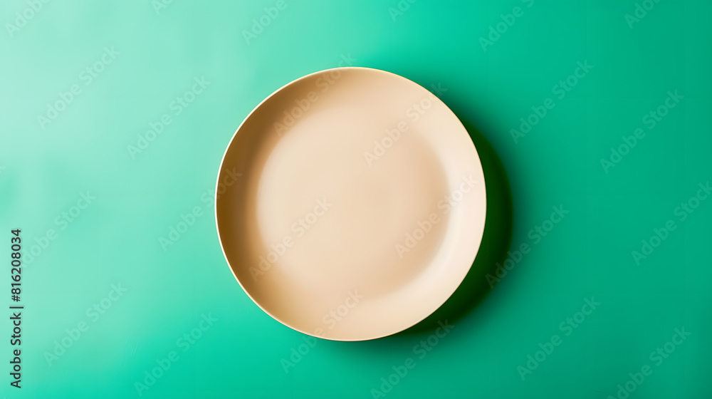 Empty beige plate on green pastel paper background Top view flat lay Textured object selective focus : Generative AI Empty beige plate on green pastel paper background Top view flat lay Textured object selective focus : Generative AI