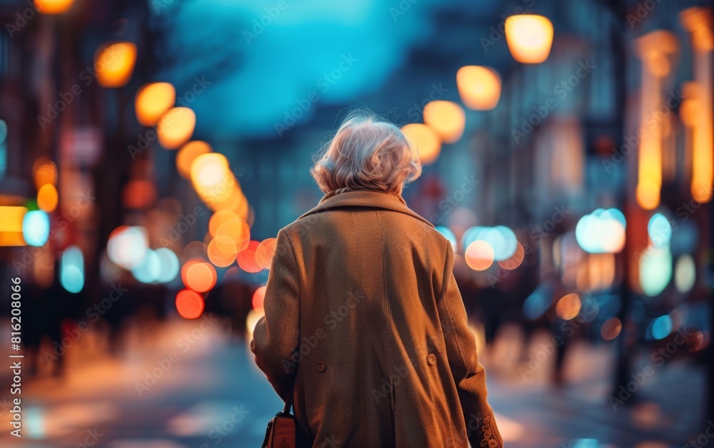 Naklejka premium An elderly woman is walking down a city street at night, surrounded by urban buildings and streetlights