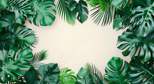 This image presents a vibrant, tropical aesthetics with a variety of lush green leaves framing a blank central space, perfect for text or product display © Boris
