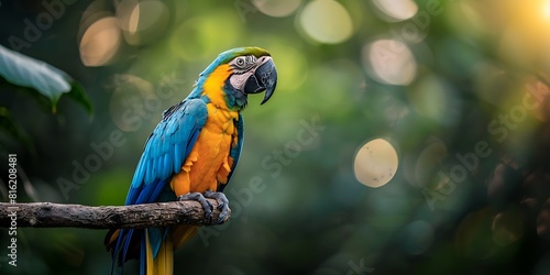 Colorful macaw parrot sitting on a branch in the forest