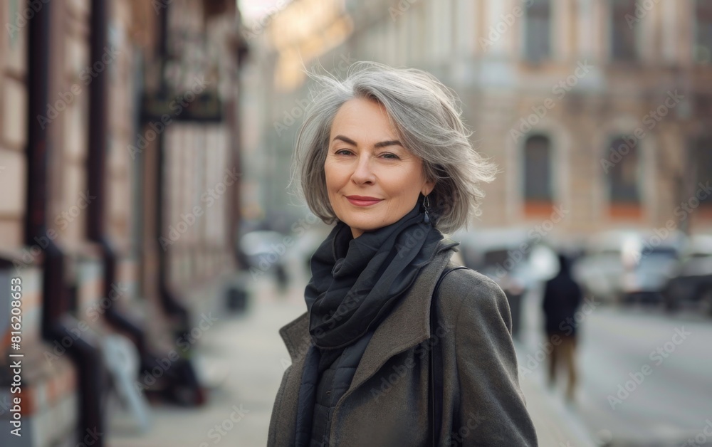 A gray haired woman is walking down a city street, surrounded by buildings and pedestrians A gray haired woman is walking down a city street, surrounded by buildings and pedestrians