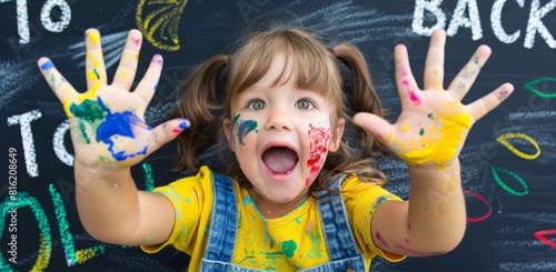 Joyful Young Girl with Colorful Painted Hands Celebrating Back to School  Excited Expression on Chalkboard Background
