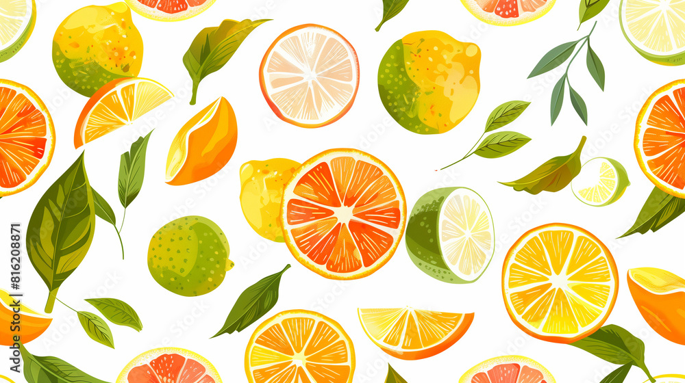 Colorful citrus fruit pattern with leaves on a white background Colorful citrus fruit pattern with leaves on a white background