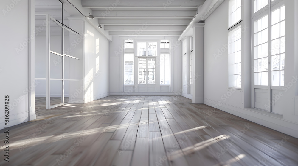 an empty living room with wood flooring and large windows in the room has white walls wooden floors and exposed ceiling : Generative AI