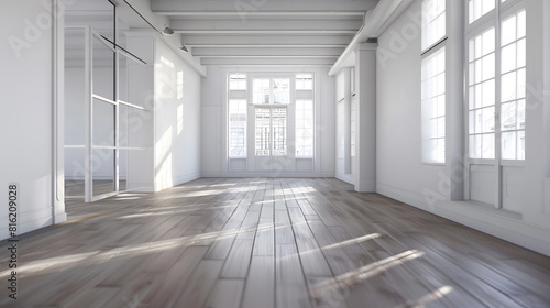 an empty living room with wood flooring and large windows in the room has white walls wooden floors and exposed ceiling   Generative AI
