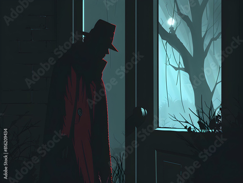Noir-Style Dramatic Illustration of Mysterious Silhouette in Trench Coat and Fedora at Open Doorway with Gnarled Tree Against Misty Night Sky High Contrast Light and Shadow Dark Blues, Blacks photo