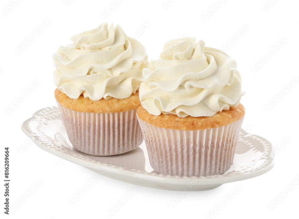 Tasty vanilla cupcakes with cream isolated on white Tasty vanilla cupcakes with cream isolated on white