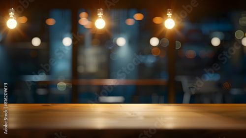 dark blurred background with empty table top cafe restaurant windows background for your product : Generative AI photo