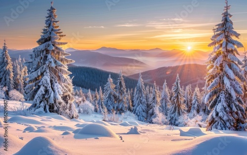 The sun is setting behind a snow-covered mountain, casting a warm glow on the icy slopes