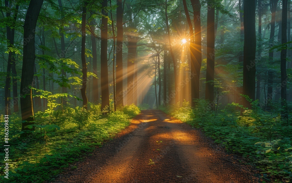 Fototapeta premium A dirt road winds through a dense forest with sunlight filtering through the trees creating a scenic natural tunnel effect