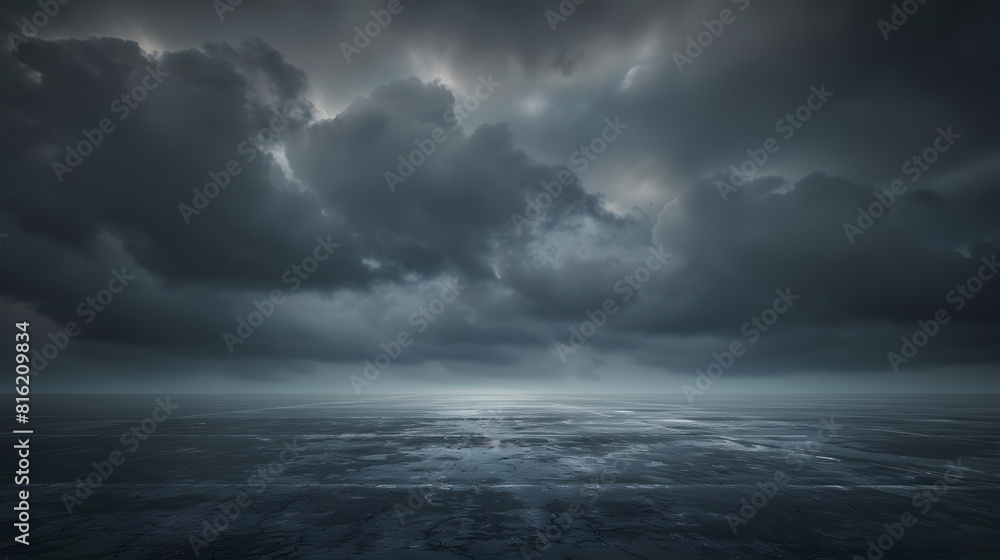 Dark Floor Background with Dramatic Sky and Scenic Clouds Panoramic Horizon Scene : Generative AI