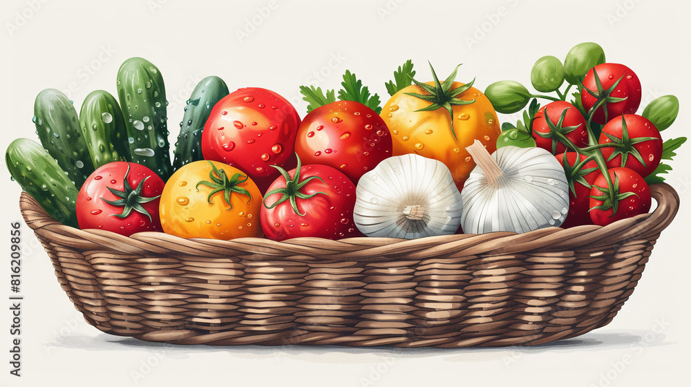 Colorful illustration of a wicker basket with fresh vegetables.