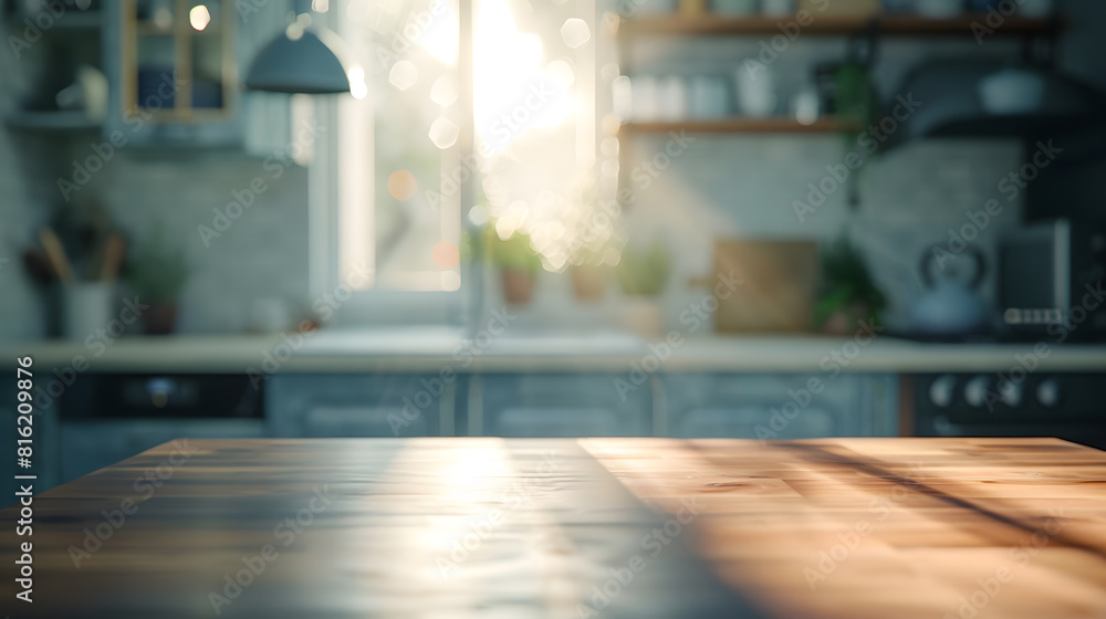 empty table board and defocused modern kitchen background product display concept : Generative AI empty table board and defocused modern kitchen background product display concept : Generative AI