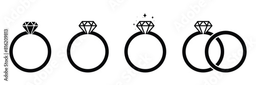 Set of Diamond engagement ring icon. Wedding ring icon. Jewelry and marriage Gemstone rings symbol collection. Vector Illustration.