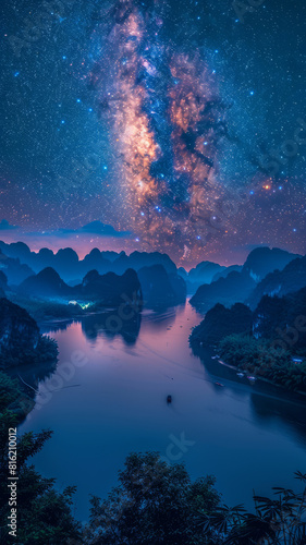 On a very dark night, the Milky Way can be seen in the sky, the beautiful mountains and rivers can be seen,generative ai