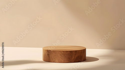 Round brown wooden stand on a beige background a place to display cosmetics and products : Generative AI
