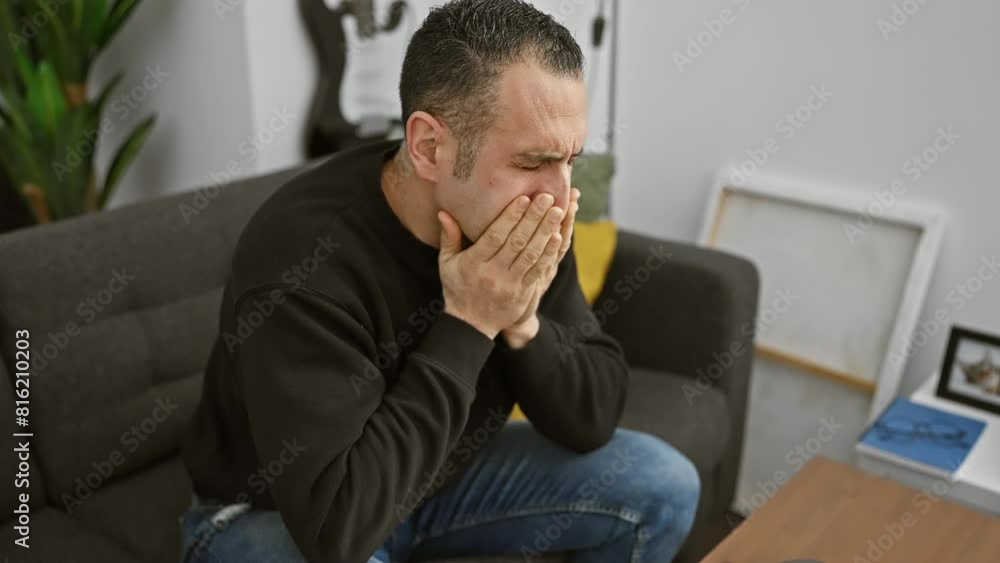 Distressed man sitting on couch indoors covering face with hands showing grief or headache in a modern apartment. Distressed man sitting on couch indoors covering face with hands showing grief or headache in a modern apartment.