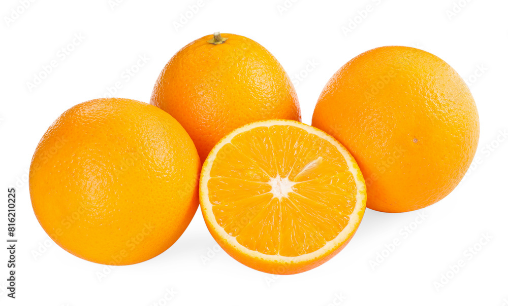 Whole and cut ripe oranges isolated on white Whole and cut ripe oranges isolated on white