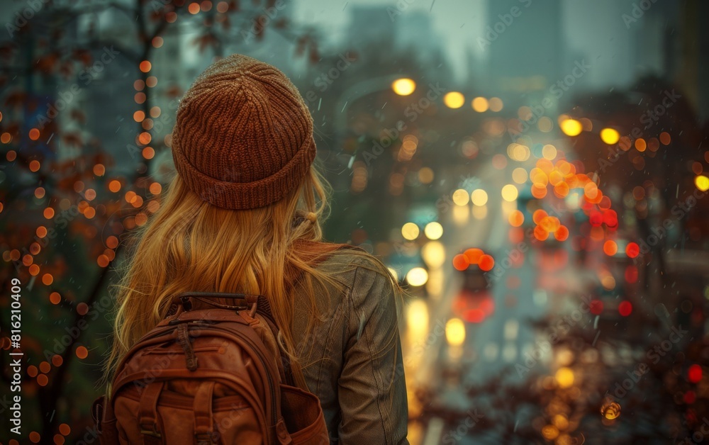 Obraz premium A girl stands with a backpack, gazing at the cityscape illuminated at night, capturing the urban scenery