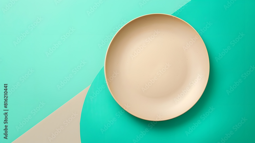 Empty beige plate on green pastel paper background Top view flat lay Textured object selective focus : Generative AI
