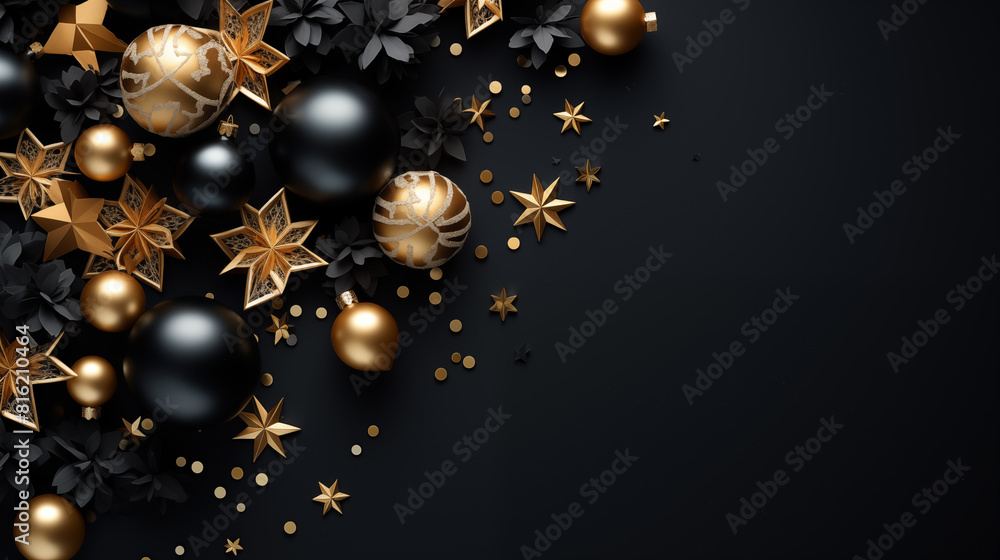 Christmas background with golden and black balls and beads Christmas background with golden and black balls and beads