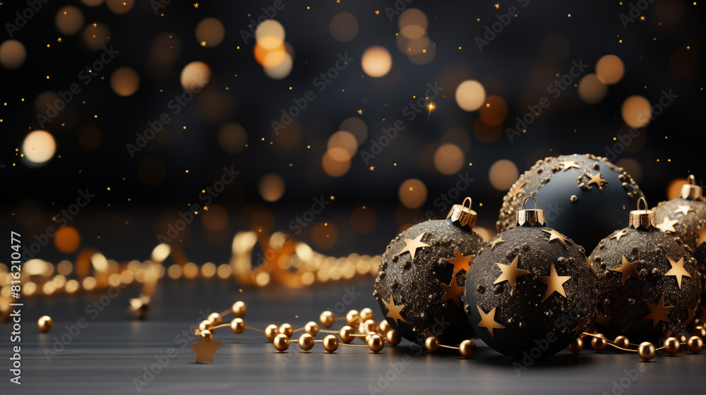 Fototapeta premium Christmas background with golden and black balls and beads