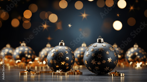 Christmas background with golden and black balls and beads