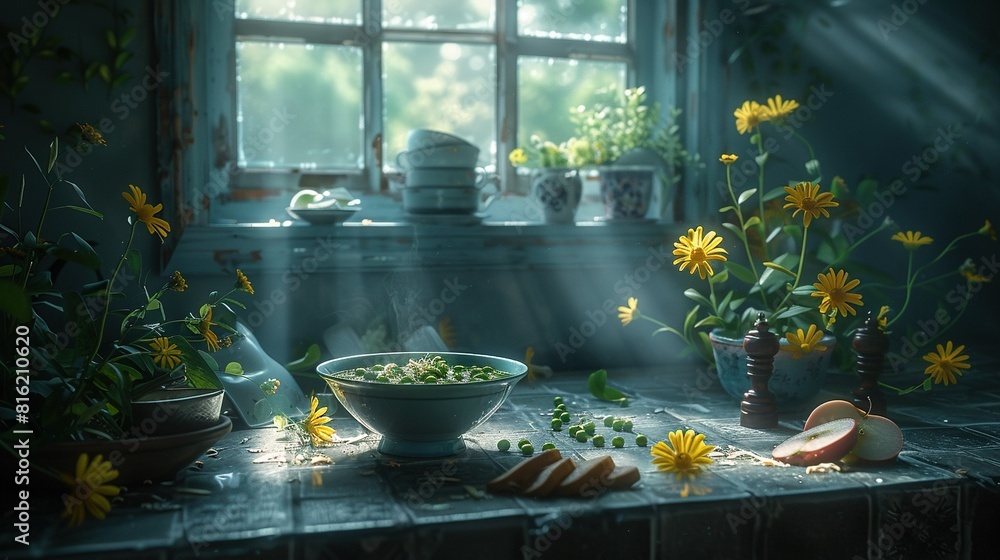 Fototapeta premium A table with two bowls of food and a potted plant beside them