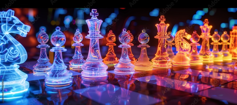 Illuminated Chessboard with Cultural Symbols in Neon Lighting Illuminated Chessboard with Cultural Symbols in Neon Lighting