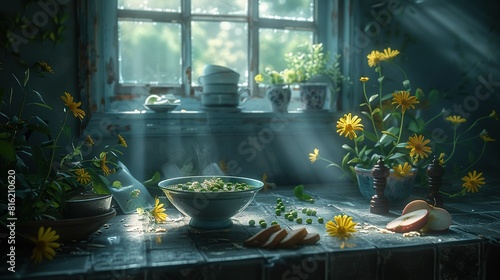  A table with two bowls of food and a potted plant beside them