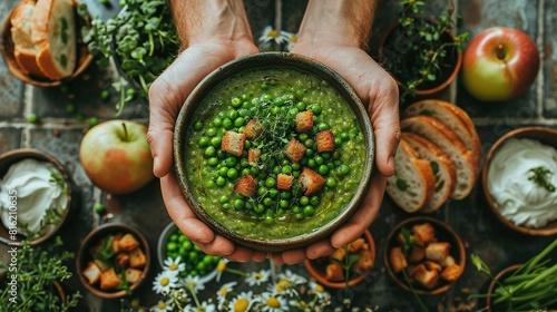  A person holding a bowl of peas and croutons in front of a bountiful table of fruits and vegetables
