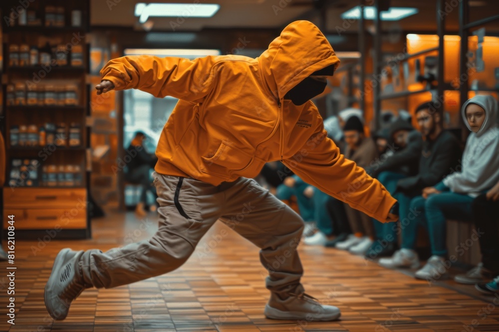 Obraz premium Man in Orange Hoodie Dancing in Front of Crowd