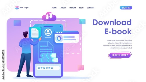 Young man downloads e-books to his smartphone. Flat 2D character. Landing page concepts and web design