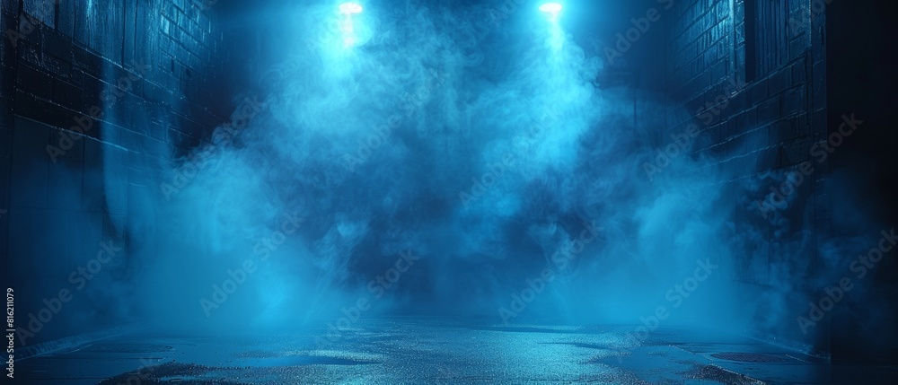 Dark blue misty background. Smoky, foggy, blue spotlights, neon lighting in a dark abstract space.